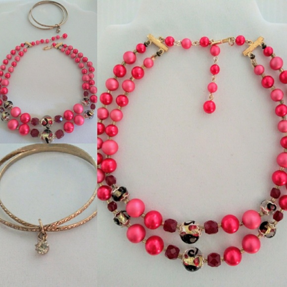 Vintage Japan Dble Strand bright pink Pi - Picture 1 of 8